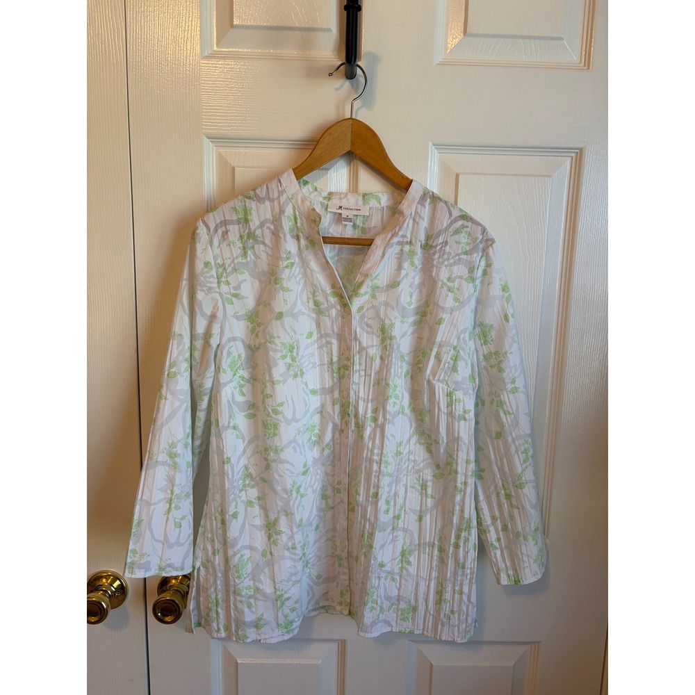 JM Collection White Green Floral Leaf Print Button Front Blouse Size 10